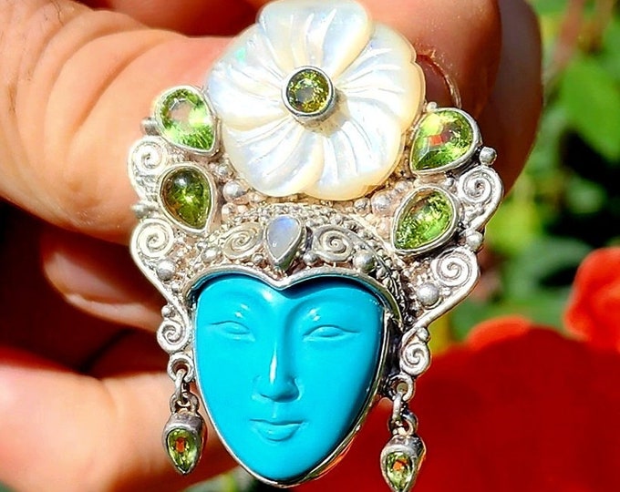 Sterling Silver Pendant/Brooch-Sleeping Beauty Turquoise-Peridot-Rainbow Moonstone-Mother Of Pearl-Goddess Collection-Vintage