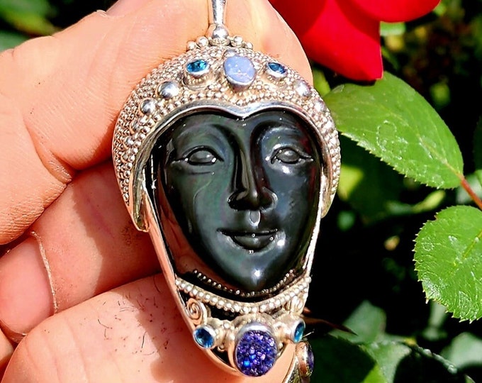 Sterling Silver Pendant-Rainbow Obsidian-Ethiopian Opal-Blue Topaz-Caribbean Druzy-Goddess Collection-Vintage Jewelry
