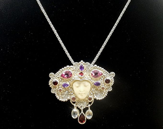 Sterling Silver Goddess Pendant-Brooch-Necklace-Pink Tourmaline-Garnet-Amethyst-Iolite-Ruby-Vintage