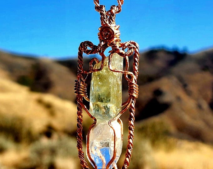 Exclusive Copper Wire Wrapped Helidor & Colombian Lemurian Quartz Neckalce-Finest Quality-Energetic Healing Jewelry-