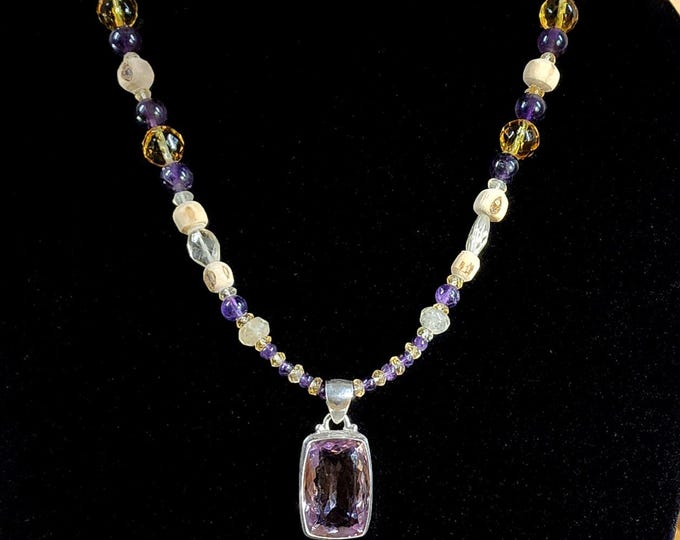 Sterling Silver Master Cut Zambian Ametrine Pendant-Dark Amethyst-Citrine-Tulsi Beaded Necklace