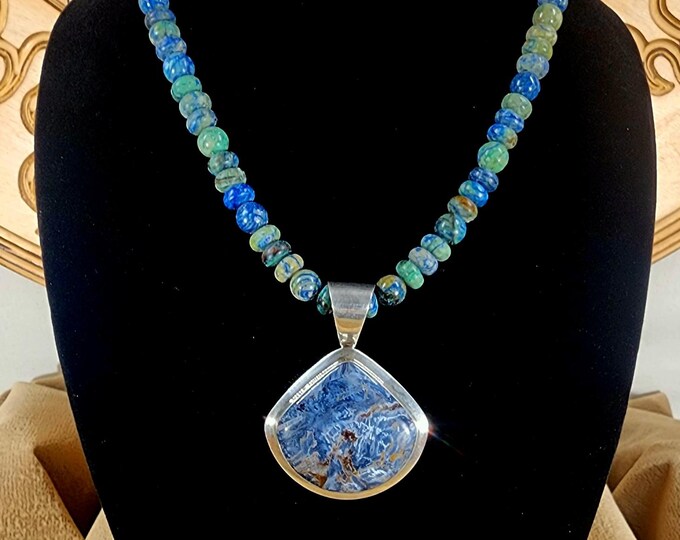 Sterling Silver Pietersite Pendant with Azurite Beaded Necklace