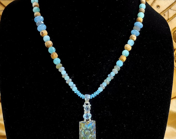 Sterling Silver Carved Labradorite Flower Pendant-Labradorite-Aquamarine-Tulsi Beads Necklace