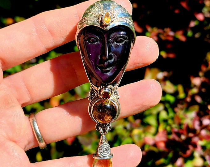 Sterling Silver Pendant/Brooch-Rainbow Obsidian-Amber-Citrine-Goddess Collection-Vintage