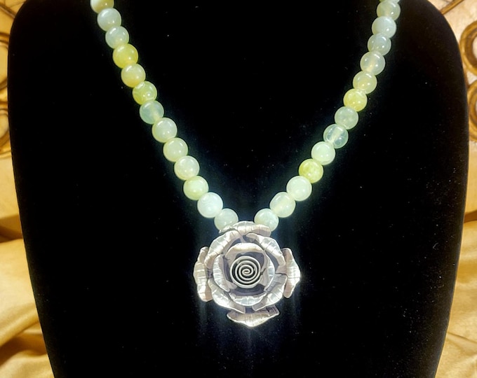 Sterling Silver Large Rose Pendant-925-Antique Carved Jadeite Beads-10-11mm-Peridot Clasp-Stunning Piece