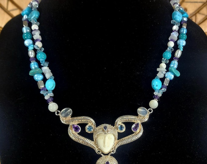 Sterling Silver Vintage Sleeping Beauty Turquoise Goddess Necklace-Amethyst-Aquamarine-Iolite-Moonstone-Indonesian Pearls