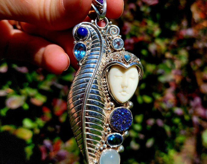 Sterling Silver Pendant-Amethyst-Lapis Lazuli-Blue Topaz-Aquamarine-Caribbean Druzy-Moonstone-Carved Bone-Goddess Collection-Vintage