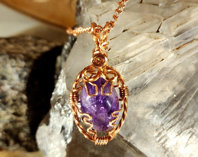 Brandberg Amethyst Necklace, Copper Wire Wrapped Healing Crystal Pendant