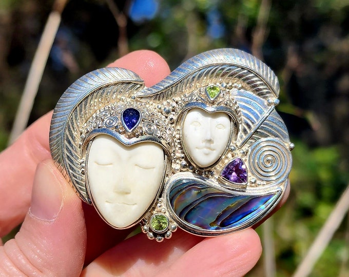 Sterling Silver Pendant/Brooch with Abalone-Amethyst-Peridot-Iolite-Goddess Collection-Vintage