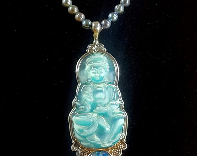 Sterling Silver Quan Yin Necklace – Aqua Fiber Optic Glass, Tahitian Pearl Strand