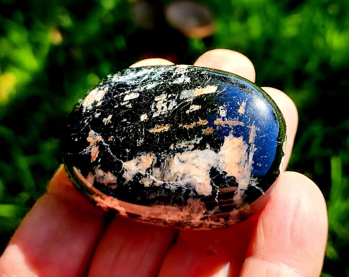 Black Tourmaline & Rhodonite with Albite Palm Stone