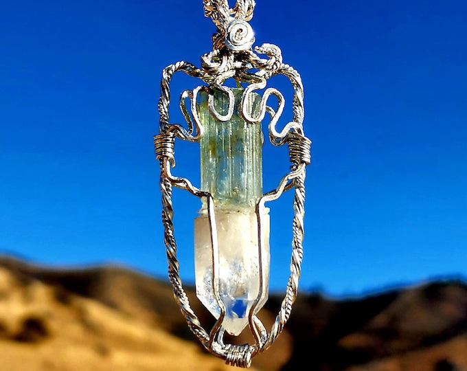 High Quality USA Sterling Silver Wire Wrapped Aquamarine & Colombian Lemurian Quartz Necklace-Quality Intentional Healing Reiki Jewelry
