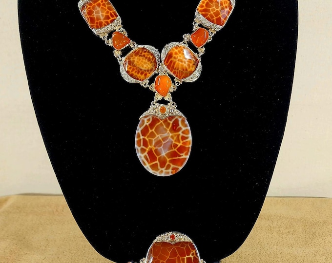 Sterling Silver Fire Agate Gem Cut Jewelery Set-Adjustable Necklace-Bracelet-Ring-Carnelian-Vintage-Show Pieces-Glamour Pieces