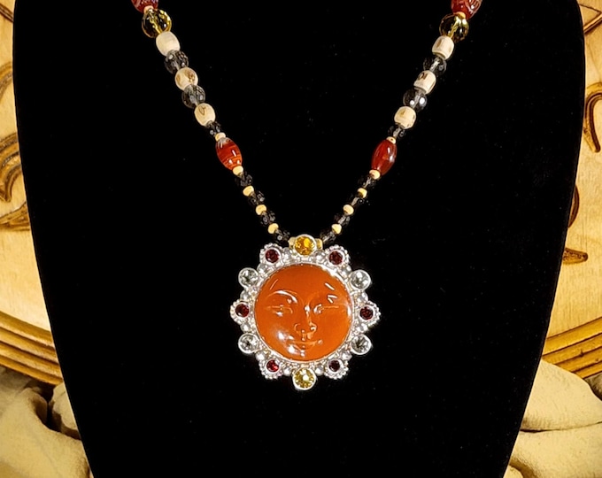 Sterling Silver Vintage Red Jasper Sun Pendant-Citrine-Smoky Quartz-Garnets-Hand Beaded Necklace-Carnelian-Smoky Quartz-Citrine-Tulsi Beads