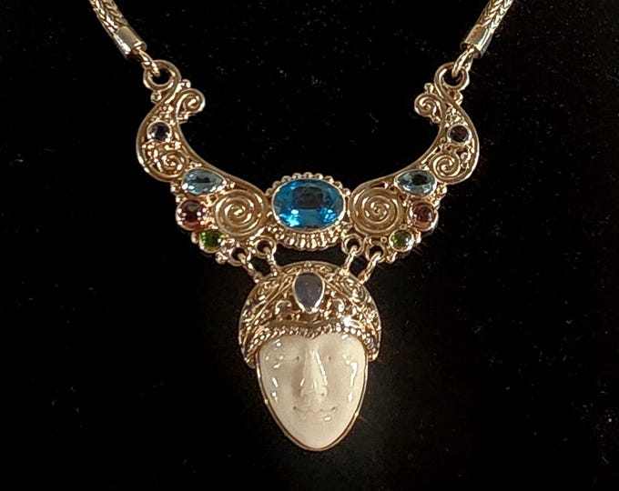Sterling Silver Goddess Necklace-Blue Topaz-Aquamarine-Iolite-Tourmaline-Peridot-Vintage