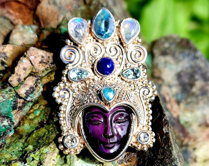 Sterling Silver Pendant/Brooch-Rainbow Obsidian-Rainbow Moonstone-Blue Topaz-Lapis Lazuli-Aquamarine-Quartz-Goddess Collection-Vintage