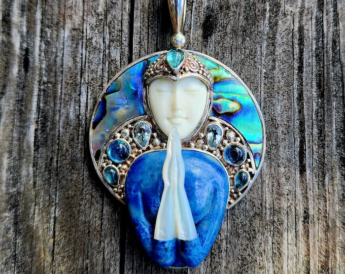 Sterling Silver Gratitude Pendant Necklace-Lapis Lazuli-Mother of Pearl-Abalone-Clear Quartz-Aquamarine-Blue Topaz-Vintage-Goddess Jewelry