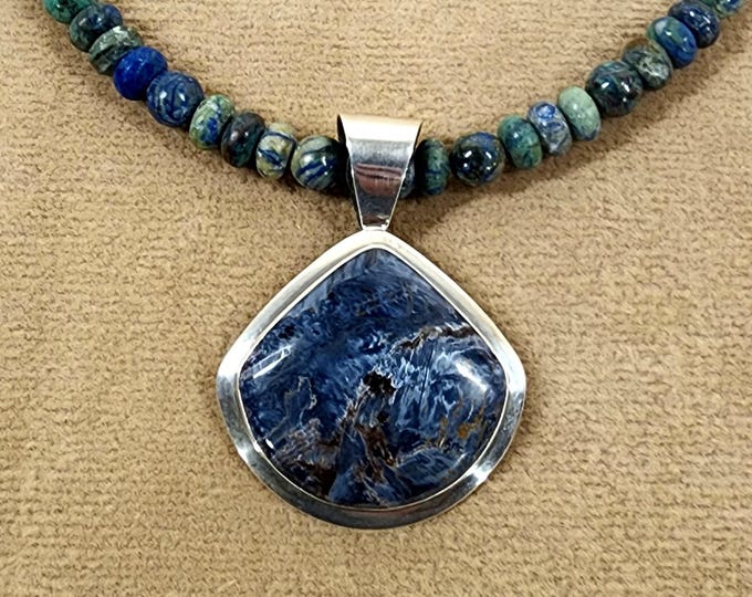 Sterling Silver Pietersite Pendant with Azurite Beaded Necklace