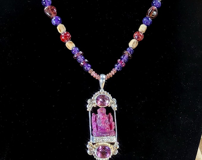 Sterling Silver Vintage Ruby Ganesh Necklace-Pink Topaz-Hand Beaded-Tourmaline-Amethyst-Antique Carved Red Jade-Tulsi Beads