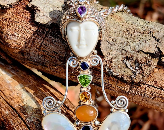 Sterling Silver Chakra Pendant/Brooch Necklace-Garnet-Peach Moonstone-Citrine-Peridot-Iolite-Amethyst-Clear Quartz-Mother of Pearl-Vintage