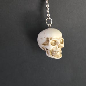 May include: A skull-shaped keychain with a silver chain and ring. The skull is off-white with detailed facial features, including teeth and eye sockets. The keychain is suspended against a dark gray background.