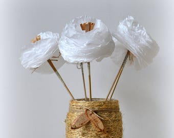 Bouquet de 5 fleurs papier de soie kraft ficelle lin décoration mariage