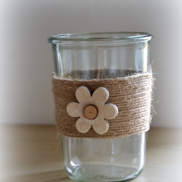 Vase verre ficelle jute grosse fleur bois et rondin