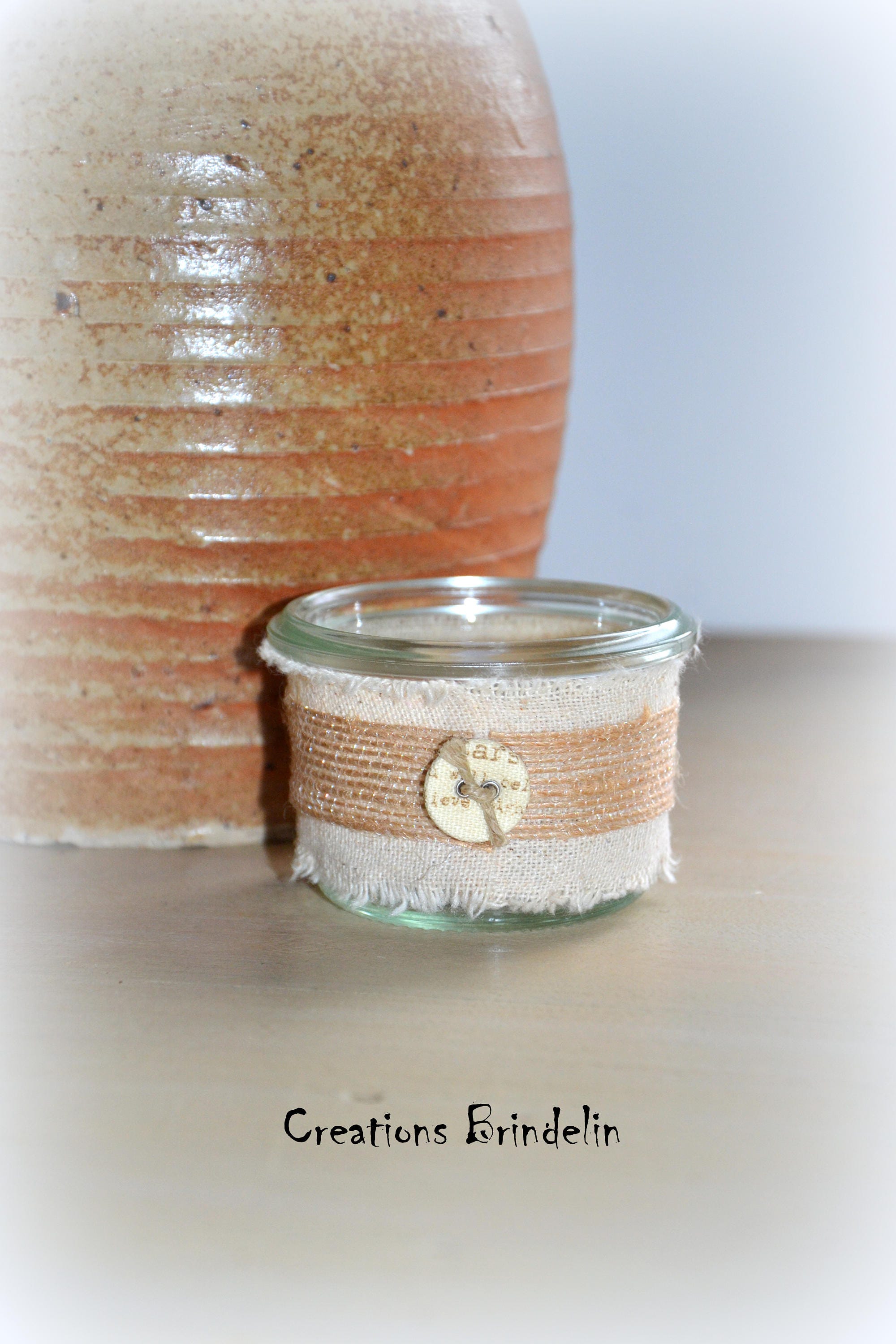 Mini Photophore Toile de Lin Ruban Ficelle Bouton Tissu