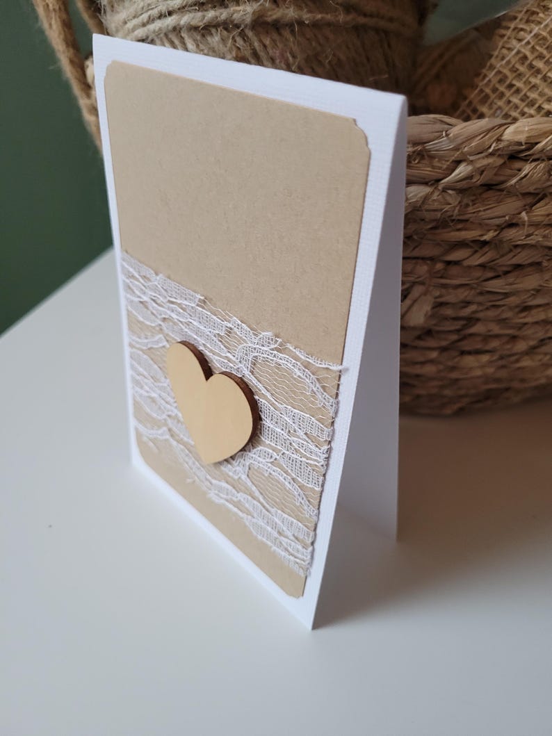 Carte félicitations mariage fiançailles saint valentin coeur bois dentelle enveloppe fournie image 3