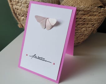 Carte félicitations naissance fille papillon origami rose , enveloppe fournie