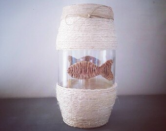 Vase verre upcycling ficelle sisal poissons