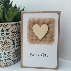 carte bonne fête cœur bois toile de jute