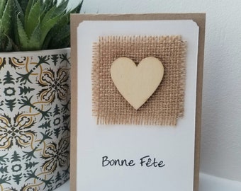 carte bonne fête cœur bois toile de jute