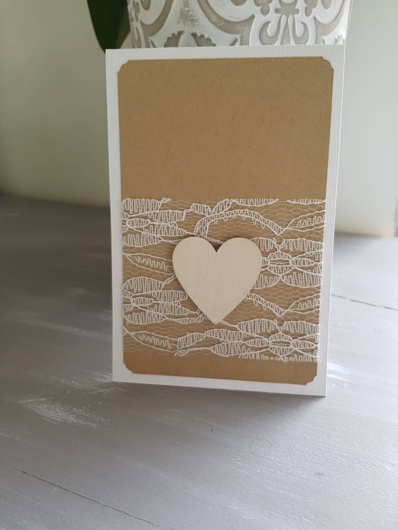 Carte félicitations mariage fiançailles saint valentin coeur bois dentelle enveloppe fournie image 1