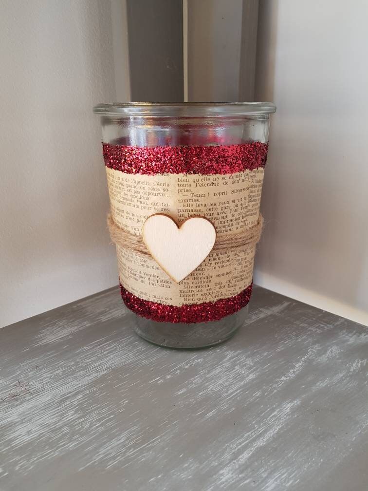 Vase Verre Page de Livre Ancien Paillettes Ficelle Coeur Bois