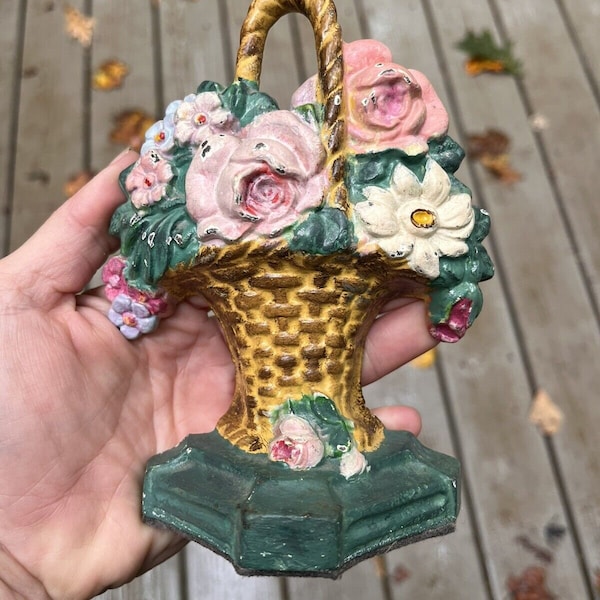 Vintage Hubley Cast Iron Doorstop French Flower Basket #8