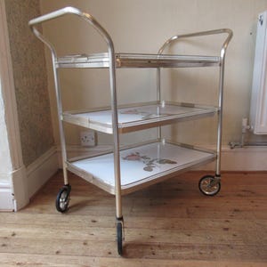 Retro Gold Metal Floral Rose Design Three Tier Tea, Drinks or Serving Trolley