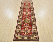 Geometric Kazak Runner, 2 39 9 39 39 x 9 39 1 39 39 , Red Beige, Hand-Knotted Wool Pile