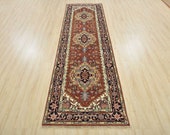Tribal Heriz Serapi Runner, 3 39 x 9 39 9 39 39 , Red Blue, Hand-Knotted Wool Pile