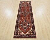 Tribal Heriz Serapi Runner, 2 39 7 39 39 x 8 39 , Copper Blue, Hand-Knotted Wool Pile