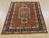 Vintage Turkish Balikesir Rug, 4 39 x 5 39 2 39 39 , Orange Blue, Hand-Knotted Wool Pile