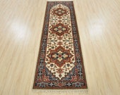 Tribal Heriz Serapi Runner, 2 39 7 39 39 x 7 39 11 39 39 , Ivory Blue, Hand-Knotted Wool Pile