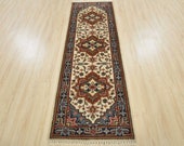 Tribal Heriz Serapi Runner, 2 39 6 39 39 x 7 39 10 39 39 , Ivory Blue, Hand-Knotted Wool Pile