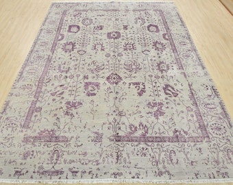 Fine Anatolia 8’1” x 10’1” Grey Purple Wool/Viscose Hand-Knotted Oriental Rug