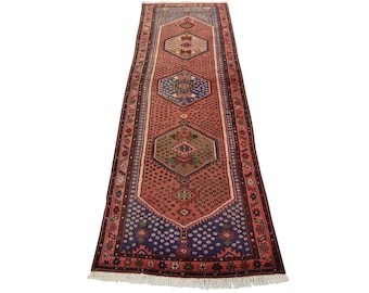 Azeri Runner 3'4'' x 9'5'' Red Wool Vintage Tribal Hand-Knotted Oriental Rug