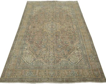 May include: A rectangular area rug featuring a central medallion design with intricate floral and geometric patterns in muted shades of beige, tan, soft blue, and faded red, finished with a short fringe along the top and bottom edges.