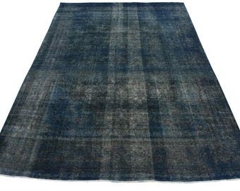 Overdyed Rug 9’8” x 11’8” Blue Wool Vintage Distressed Hand-Knotted Carpet