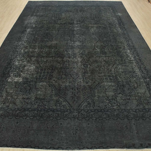 Tabriz Rug 9'4'' x 12' Gray Wool Vintage Overdyed Hand-Knotted Oriental Carpet