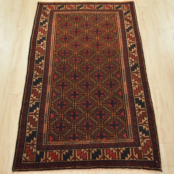 Vintage Tribal Oriental Carpet 2’11” x 4’9” Black Wool Traditional  Geometric Hand-Knotted Area Rug