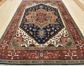 Heriz Serapi 8 11 x 12 Blue Wool Tribal Hand-Knotted Oriental Rug